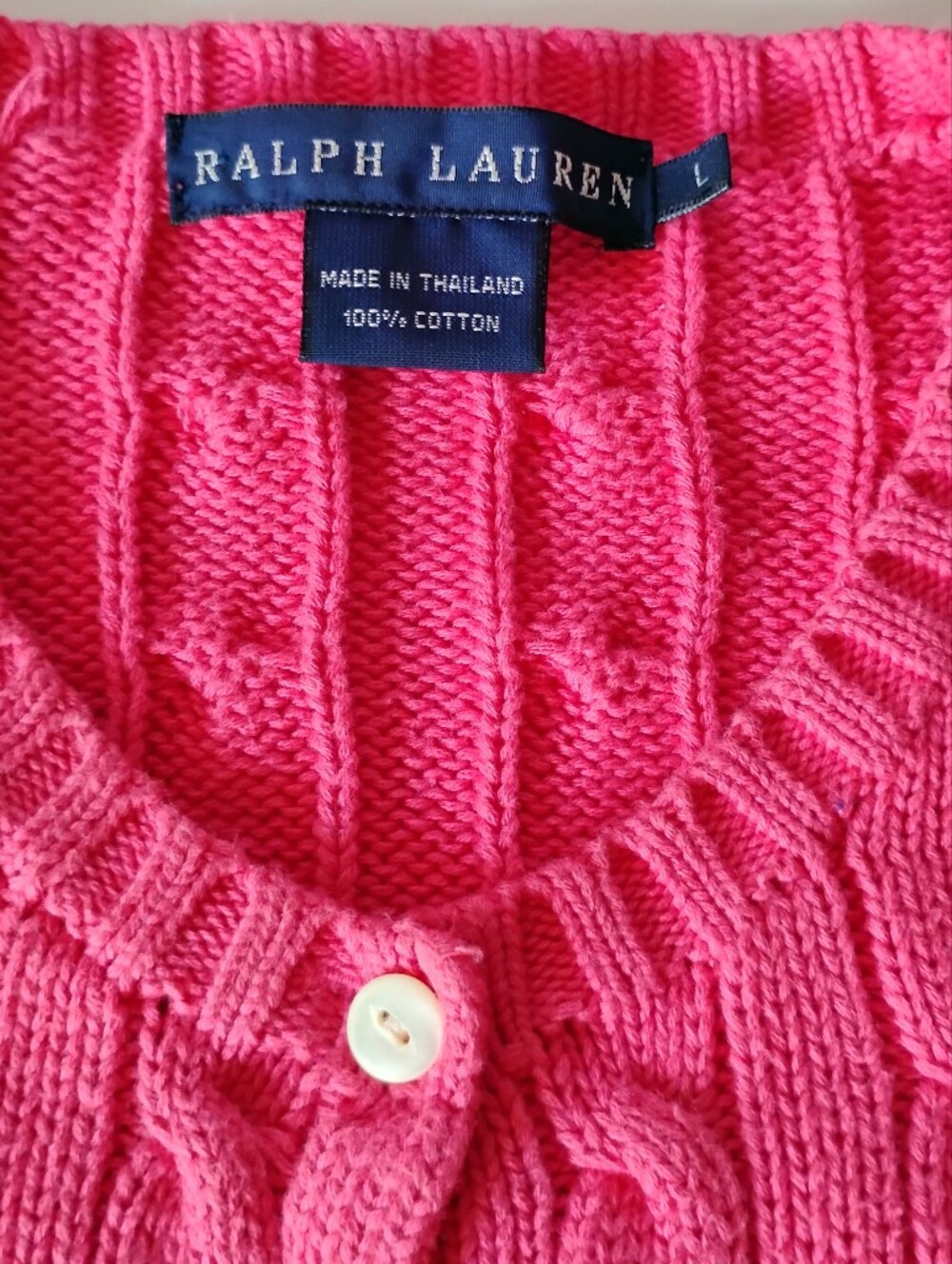Ralph Lauren Cotton Cable Knit Cardigan Sweater Pink Pockets Classic Colorful Lg - Picture 6 of 8